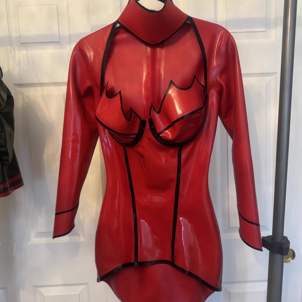 Red Latex Mini Dress with Black Trim